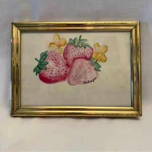 Signed Original Pink and Green Strawberry Watercolor Painting
